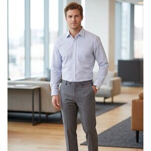 Chaps Mens 17 32/33 Regular Fit Blue White Grid Ultimate Non Iron Cotton Shirt